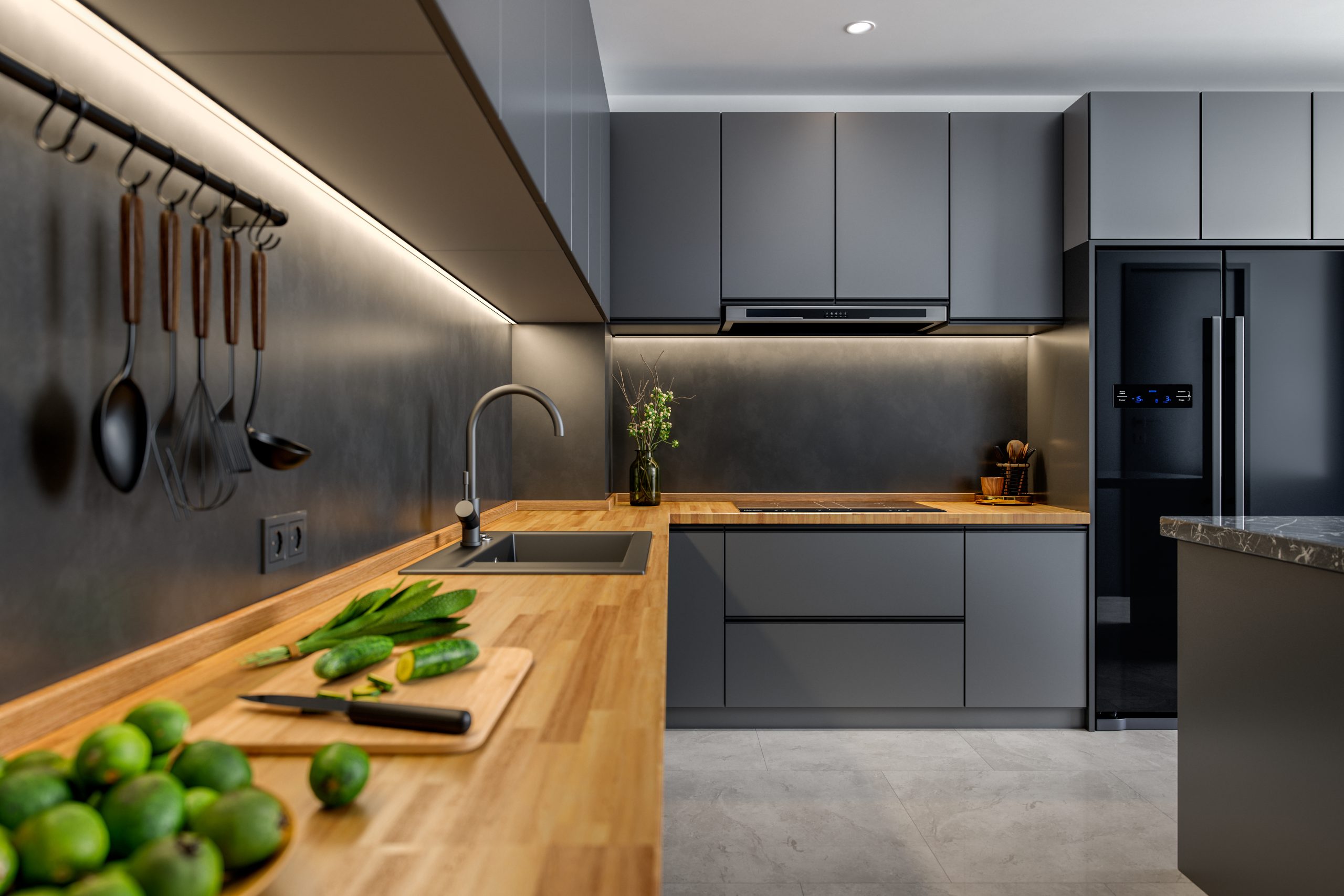 Luxury Modern Gray Kitchen Kitchen with a modern design, featuring gray cabinetry, stainless steel appliances, and a wooden countertop. The space is illuminated with warm under-cabinet lighting, adding to the luxurious feel.