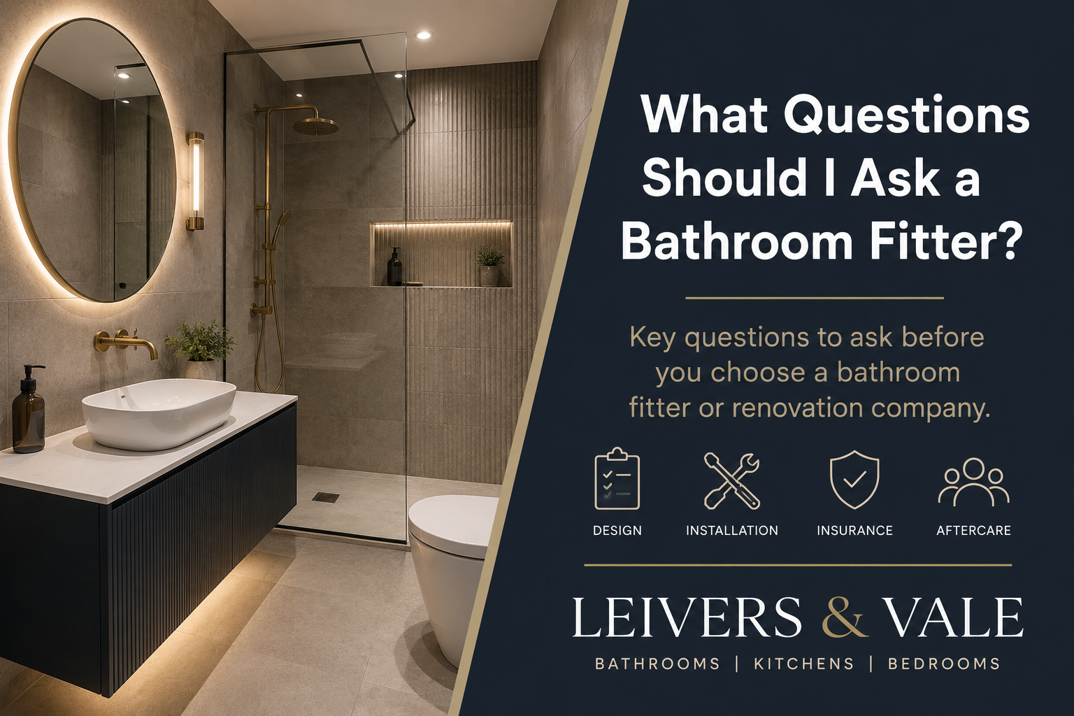 Modern bathroom with walk-in shower, floating vanity and brass fittings illustrating a guide to full bathroom renovation costs in the UK.