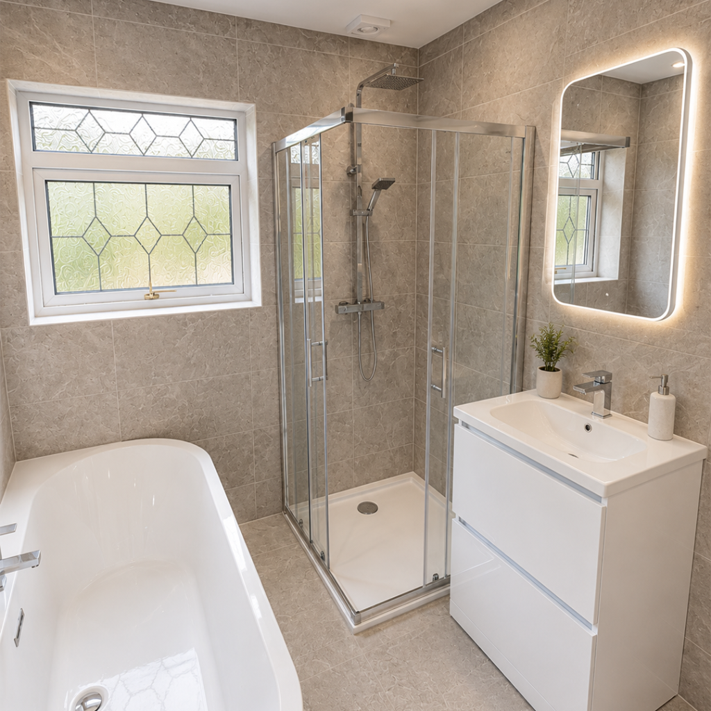 Completed bathroom renovation in Nottingham by Leivers & Vale with modern shower, vanity and wall finishes.